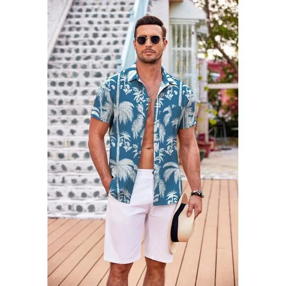 Men´s Blue Casual Button Down Shirts Short Sleeve Textured Summer Beach Shirt Casual Button Down Shirts